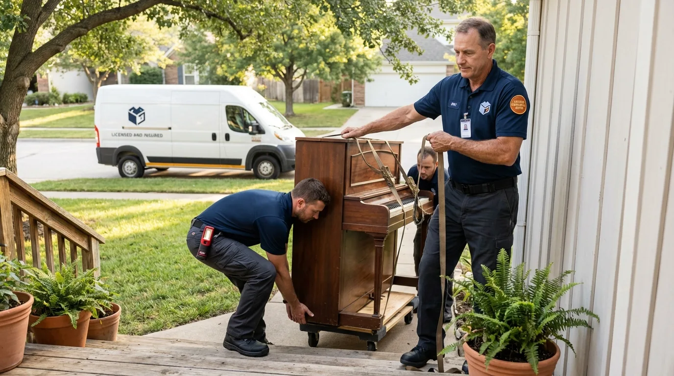 Licensed piano movers securing grand piano in Frankfort, MI