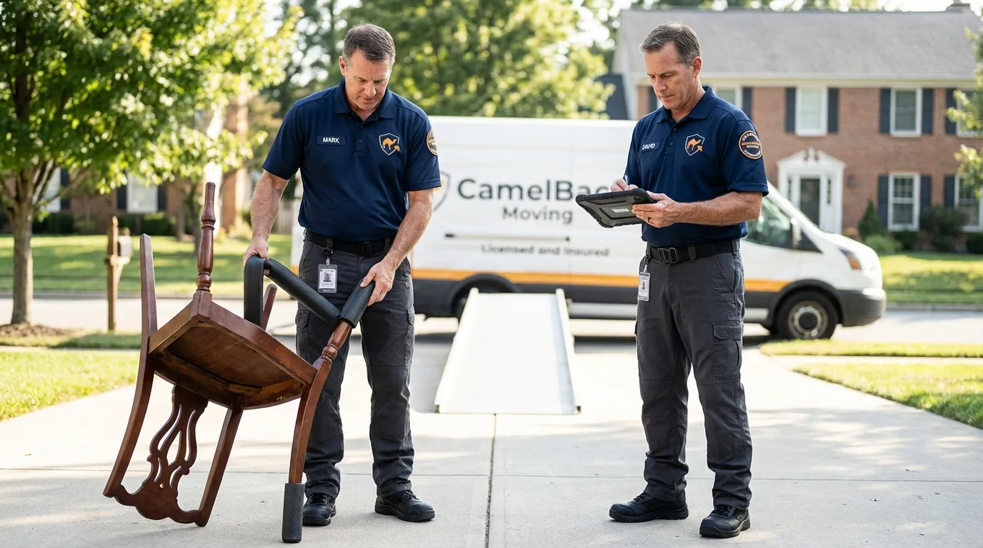 Movers inspecting furniture for damage prevention before loading in Frankfort, MI